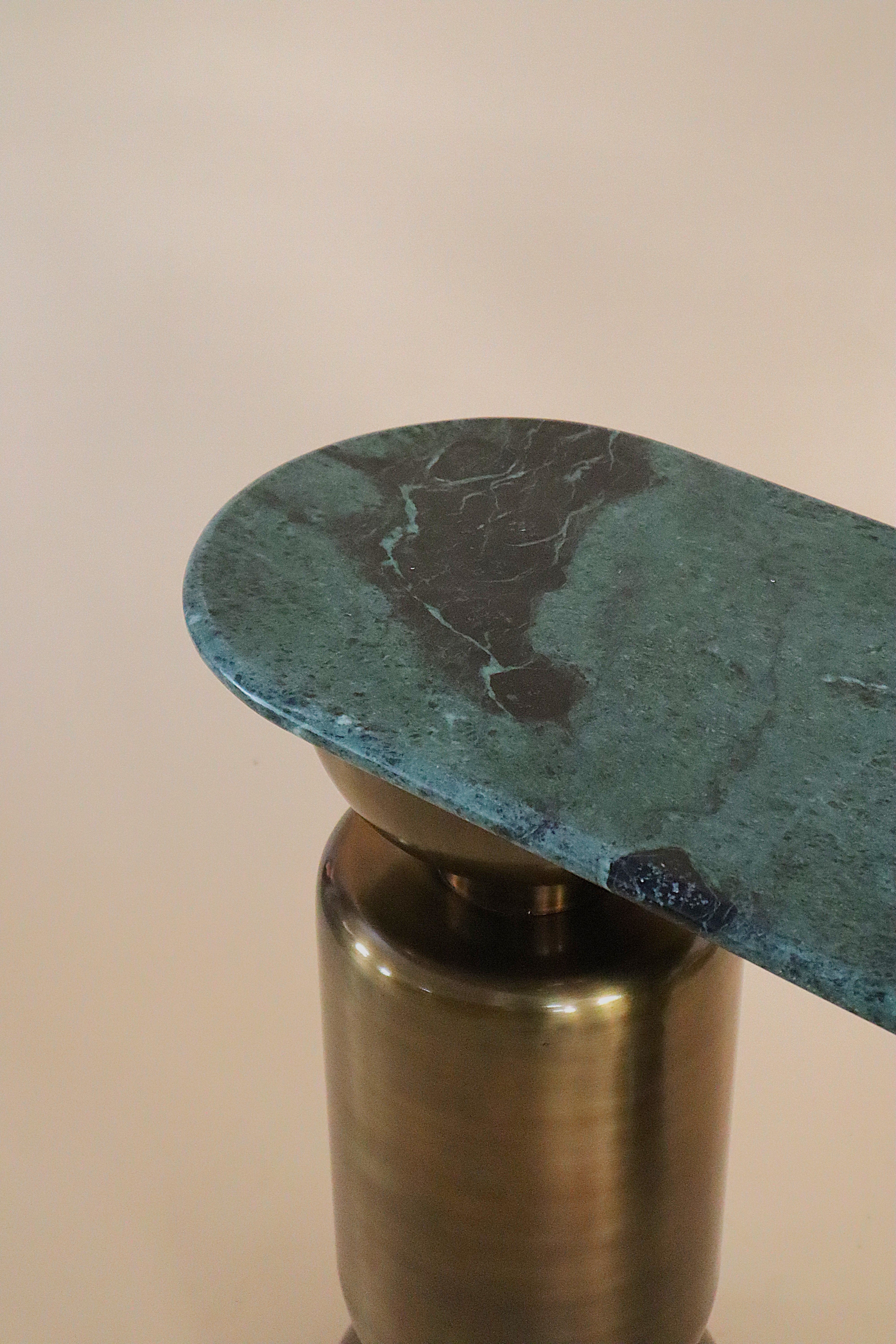 Totem Console Table - L 40’’x W 13’’ x H 28’’ / Material: Mild Steel, Antique Brush Brass plating, Udaipur Green Marble