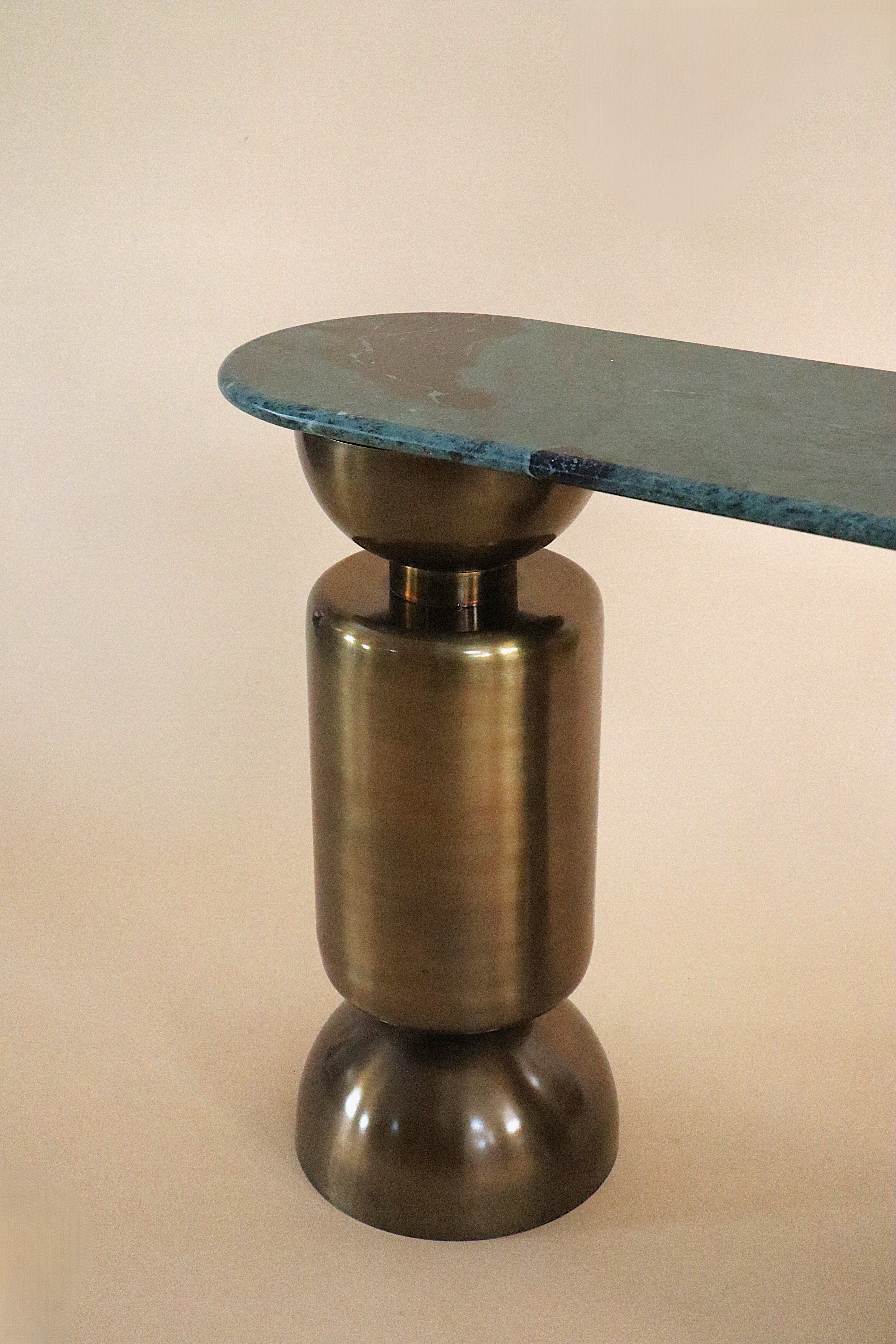 Totem Console Table - L 40’’x W 13’’ x H 28’’ / Material: Mild Steel, Antique Brush Brass plating, Udaipur Green Marble
