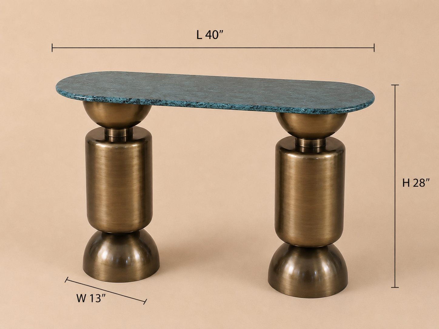 Totem Console Table - L 40’’x W 13’’ x H 28’’ / Material: Mild Steel, Antique Brush Brass plating, Udaipur Green Marble