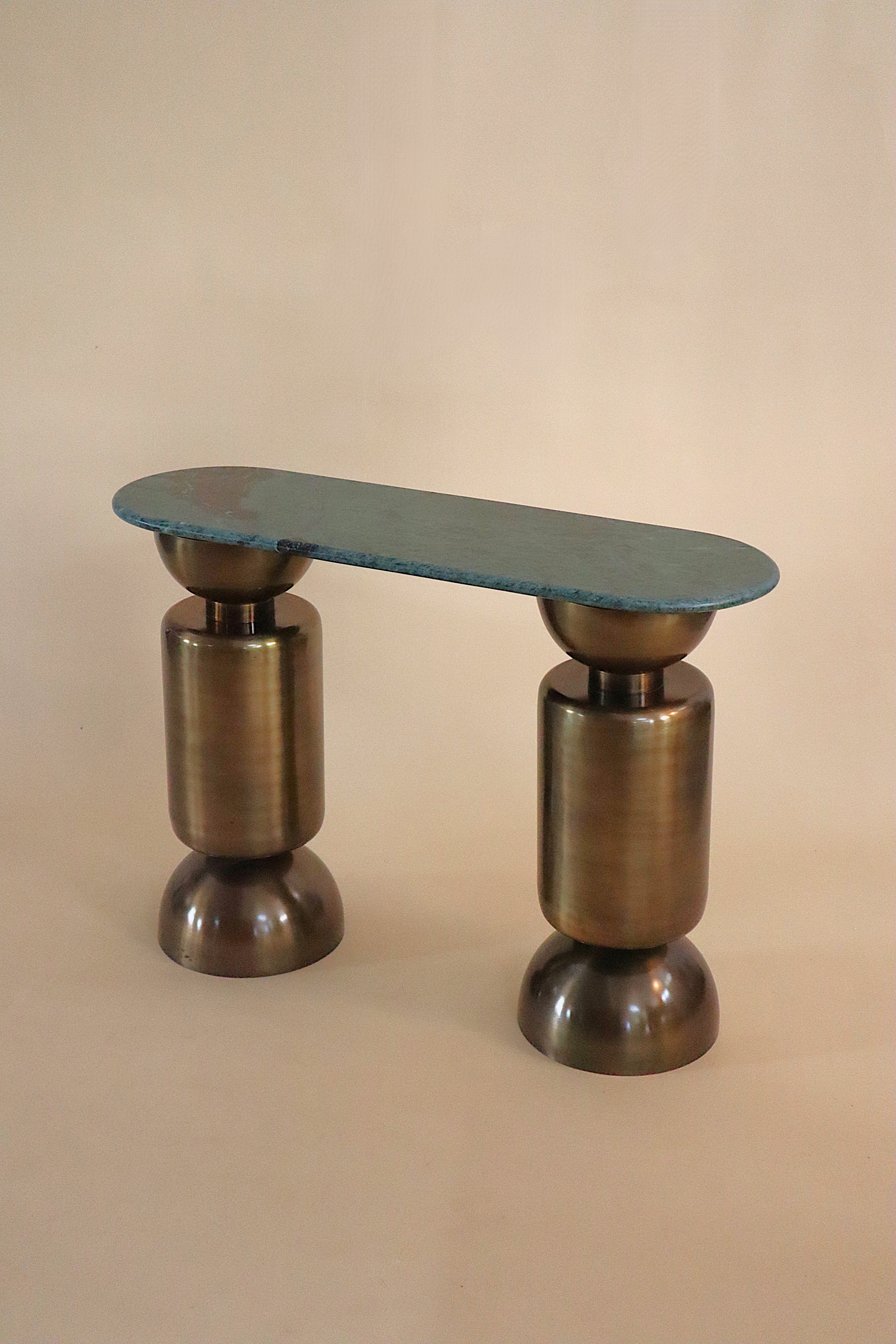 Totem Console Table - L 40’’x W 13’’ x H 28’’ / Material: Mild Steel, Antique Brush Brass plating, Udaipur Green Marble
