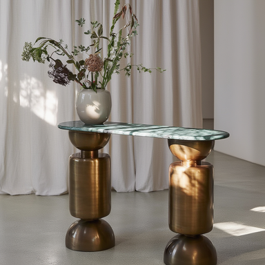 Totem Console Table - L 40’’x W 13’’ x H 28’’ / Material: Mild Steel, Antique Brush Brass plating, Udaipur Green Marble