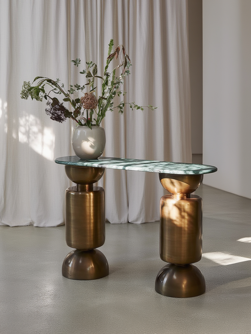 Totem Console Table - L 40’’x W 13’’ x H 28’’ / Material: Mild Steel, Antique Brush Brass plating, Udaipur Green Marble