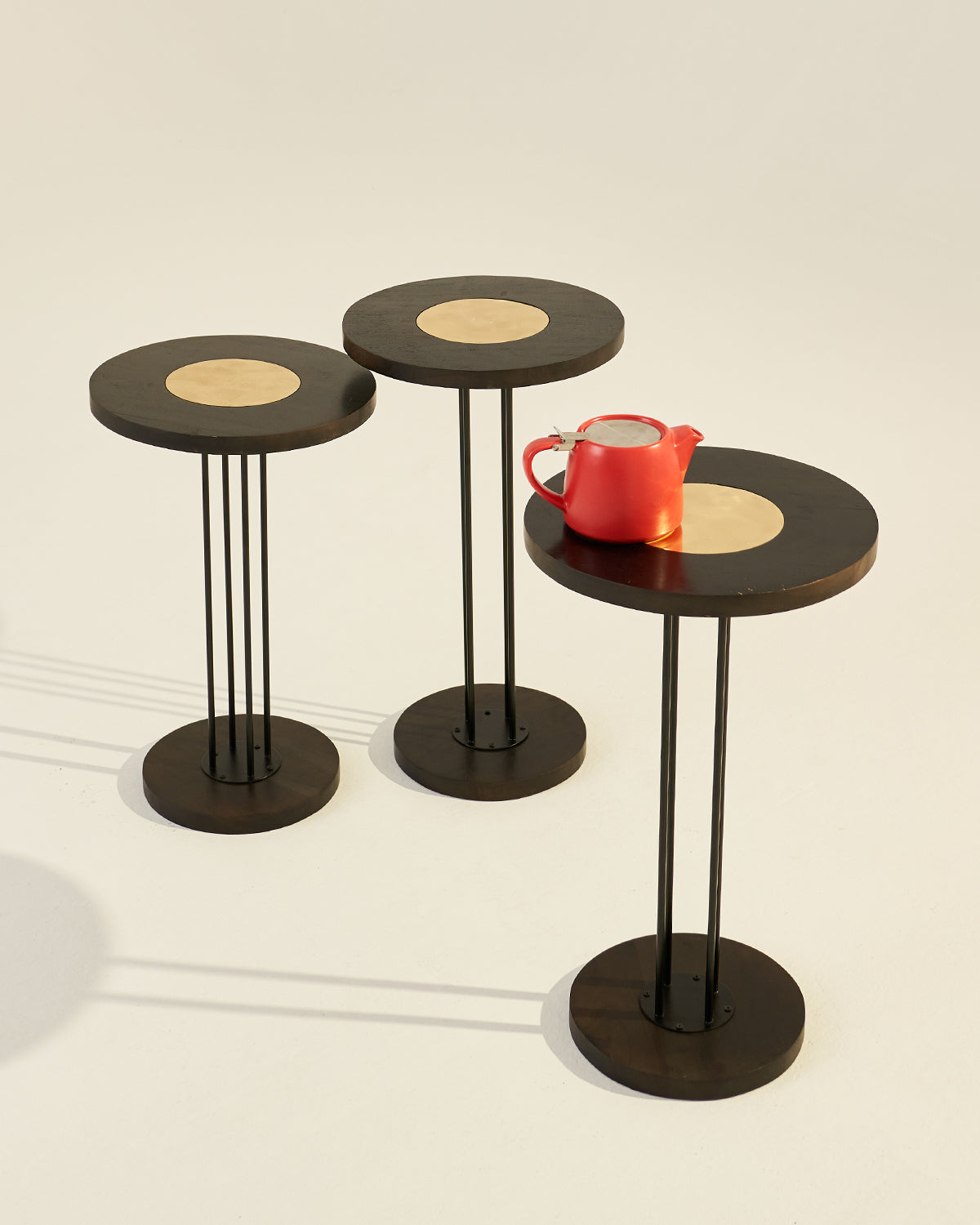 Trio Brass - Set of 3 - Black / Accacia wood, brass, metal / Large: 36L X 36W X 52H and Medium: 36L X 36W X 50H