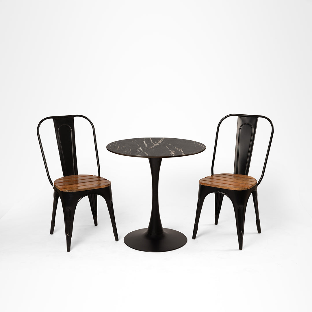 Tulip Metal Table with Tolix Chairs with Arms - Table:Dia: 30’’ H: 30’’ Chair Chair L:16 W: 16 H 36 SH 18 / Black