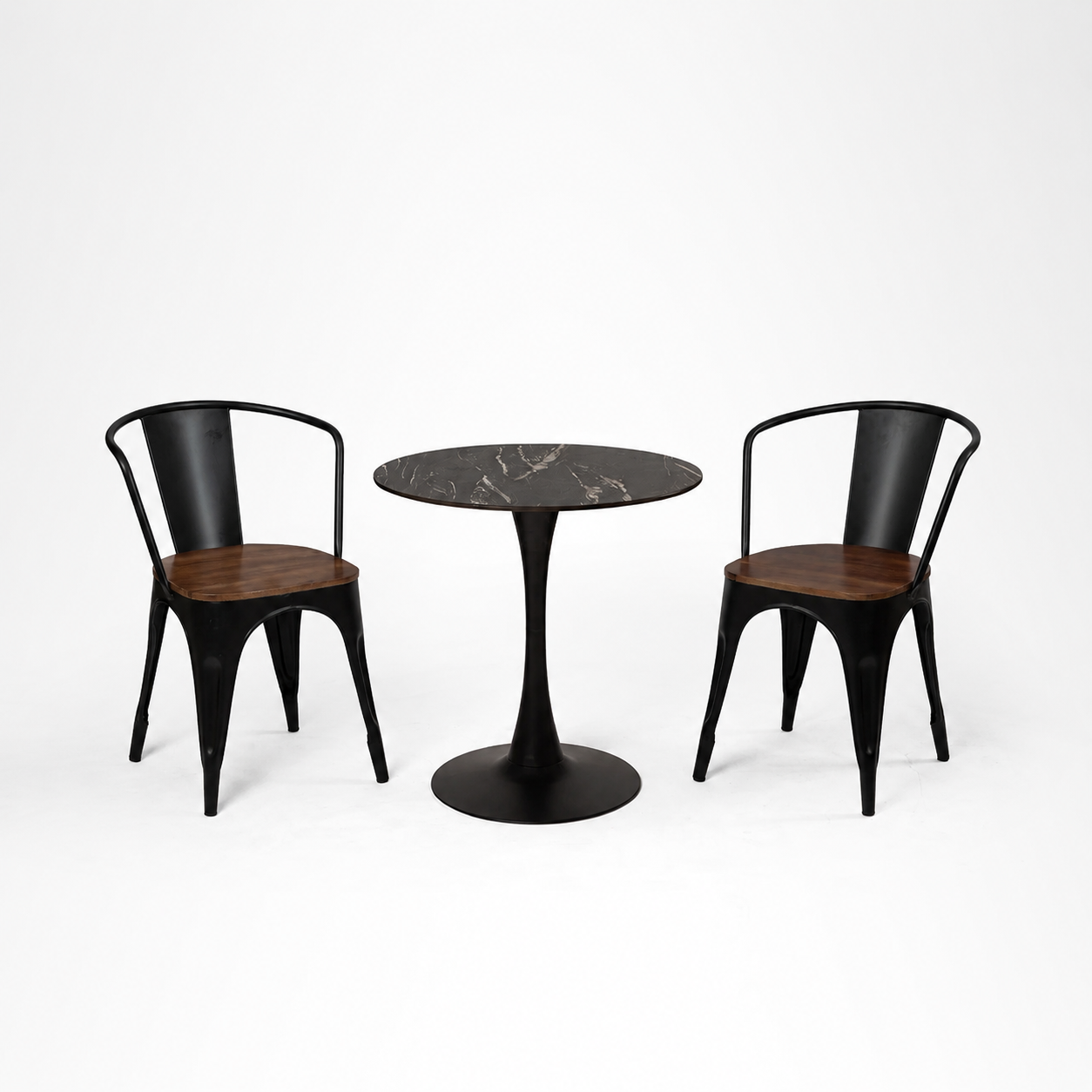 Tulip Metal Table with Tolix Chairs with Arms - Table:Dia: 30’’ H: 30’’ Chair Chair L:16 W: 16 H 36 SH 18 / Black