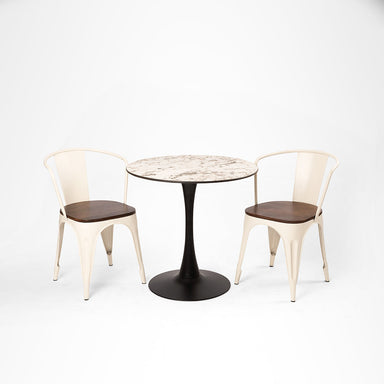 Tulip Metal Table with Tolix Chairs with Arms - Table:Dia: 30’’ H: 30’’ Chair Chair L:16 W: 16 H 36 SH 18 / Black