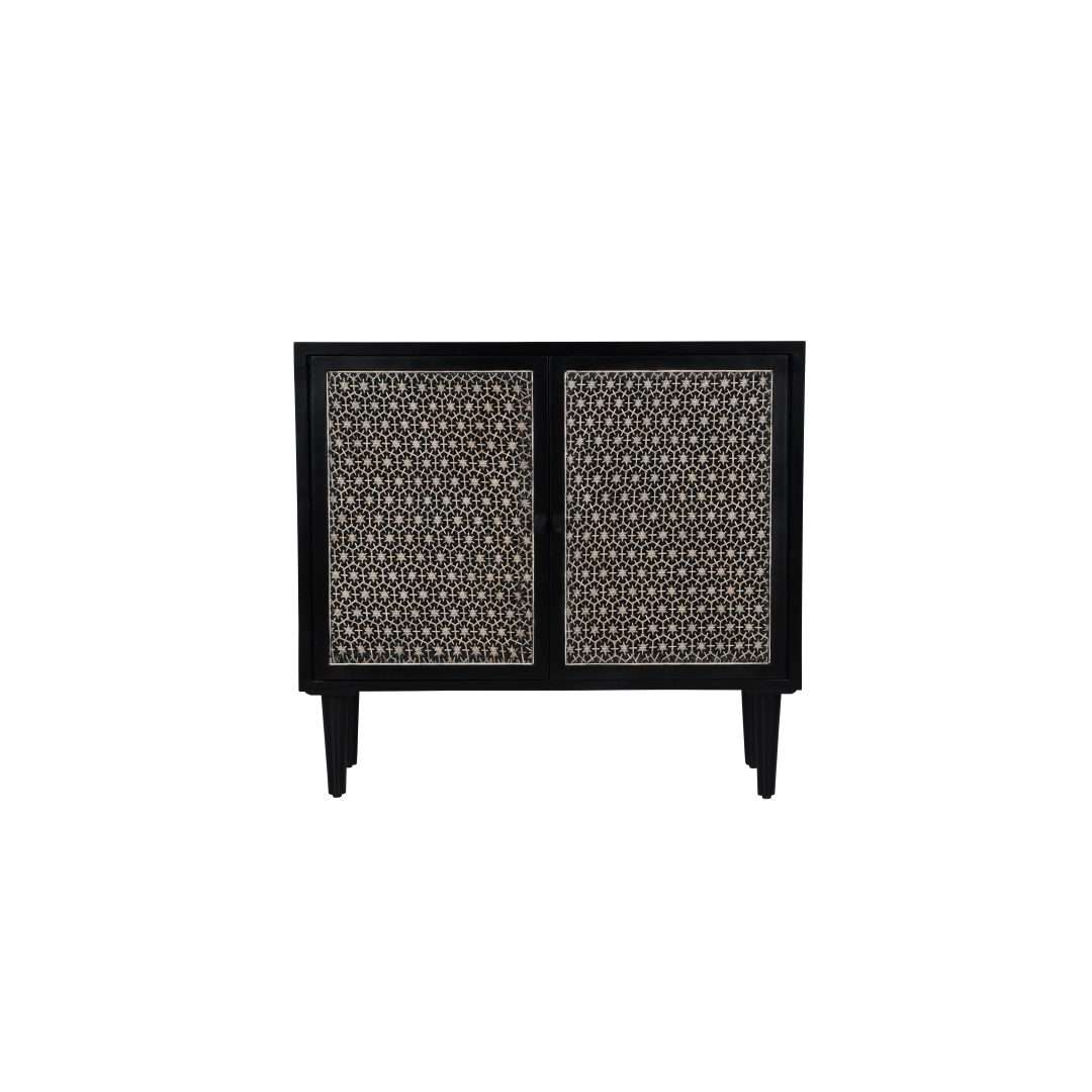 Twilight Storage Cabinet - Black / Frame: Plywood; Legs: Teak wood; Shutters: Teakwood and glass lined / L: 38’’ W: