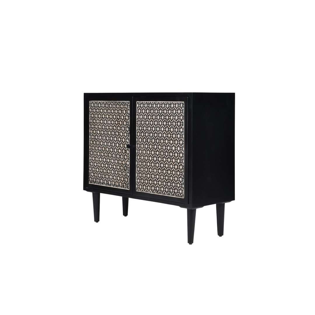 Twilight Storage Cabinet - Black / Frame: Plywood; Legs: Teak wood; Shutters: Teakwood and glass lined / L: 38’’ W: