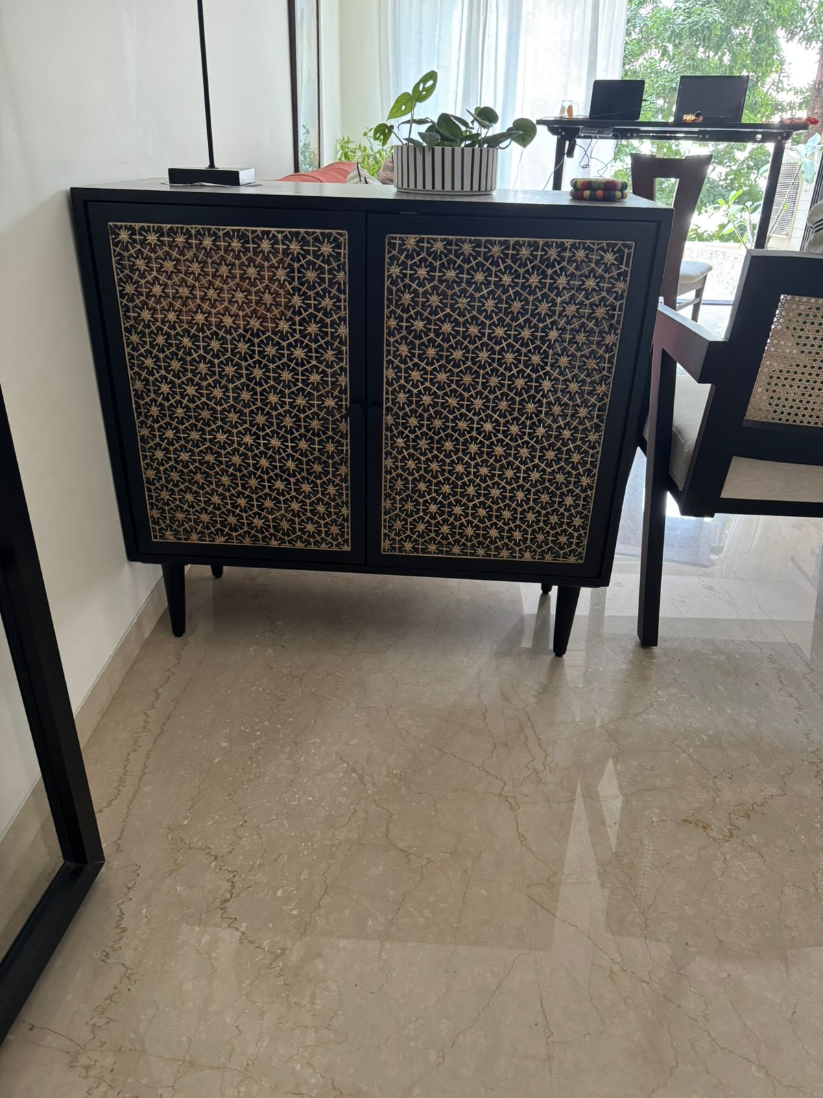 Twilight Storage Cabinet - Black / Frame: Plywood; Legs: Teak wood; Shutters: Teakwood and glass lined / L: 38’’ W: