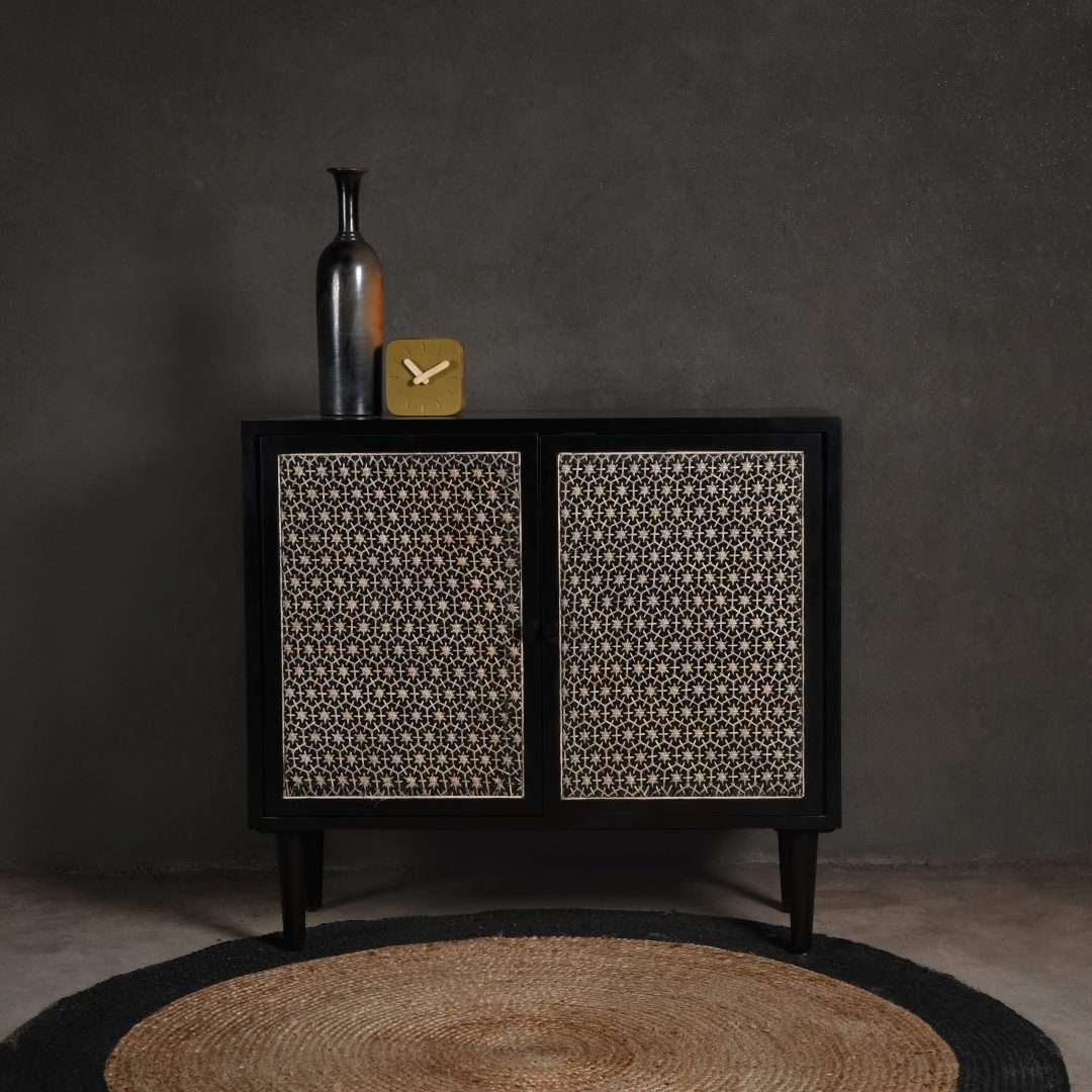 Twilight Storage Cabinet - Black / Frame: Plywood; Legs: Teak wood; Shutters: Teakwood and glass lined / L: 38’’ W: