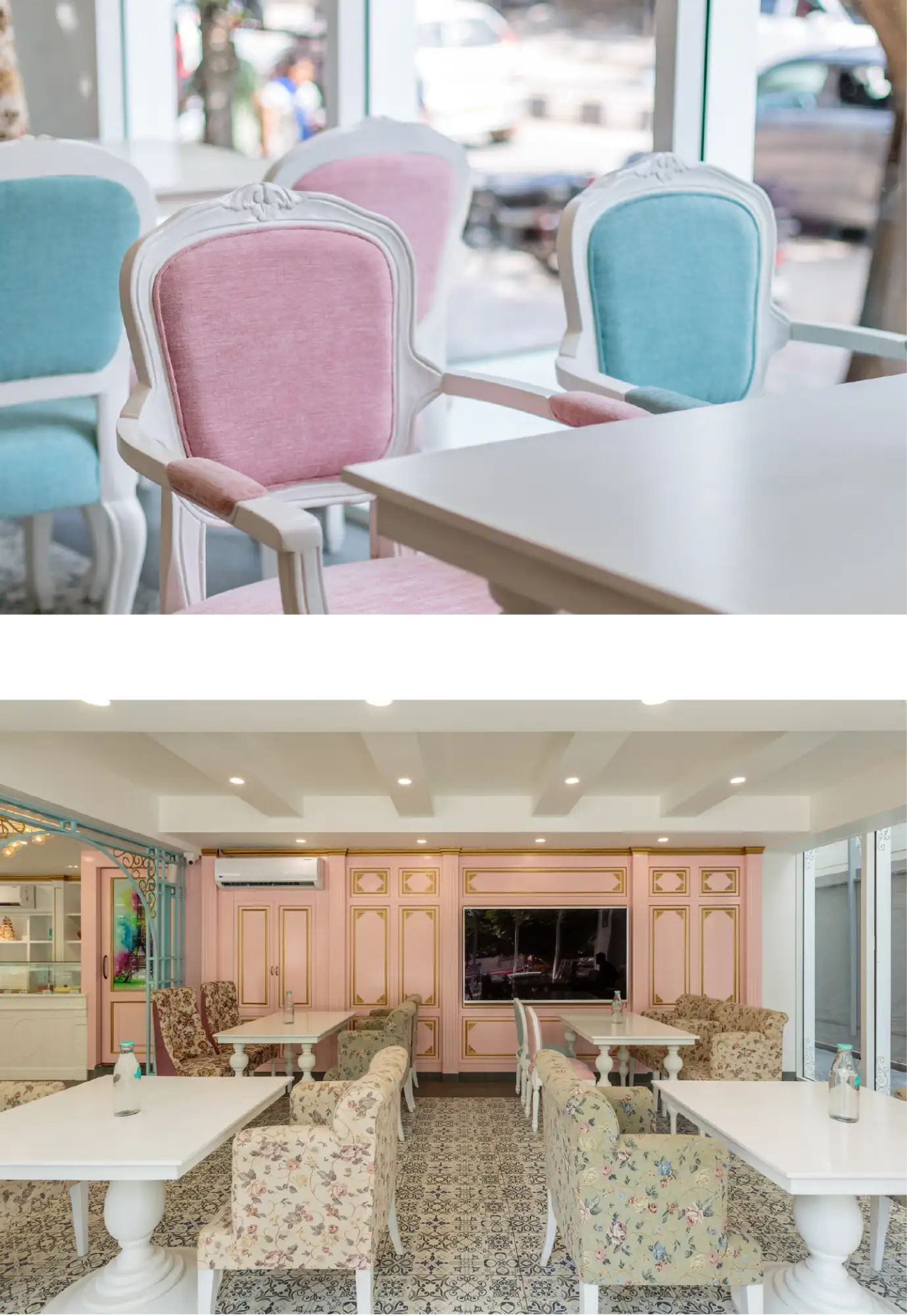 Pastel pink upholstered chairs with ornate white wooden frames.