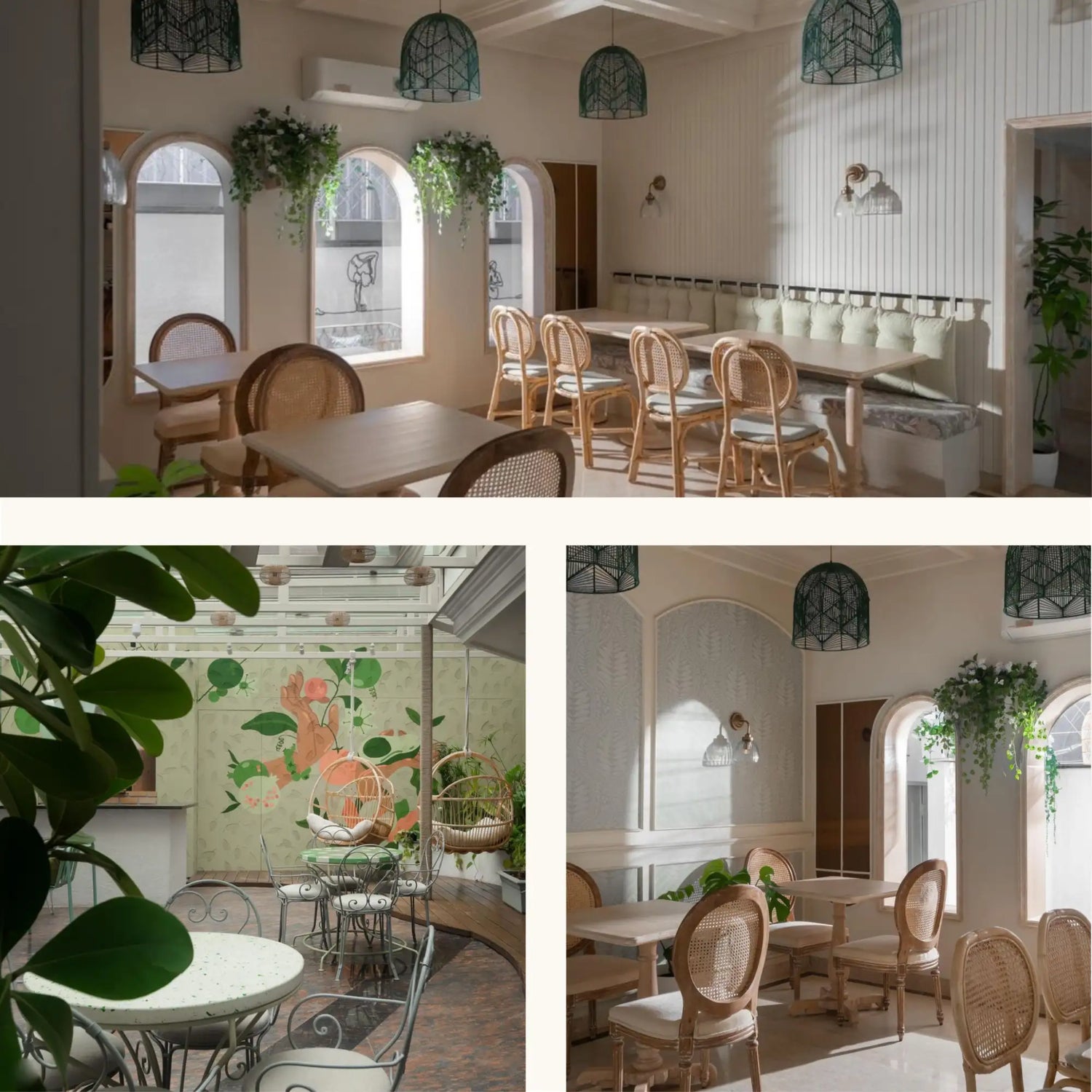 Woven rattan chairs with light beige cushions