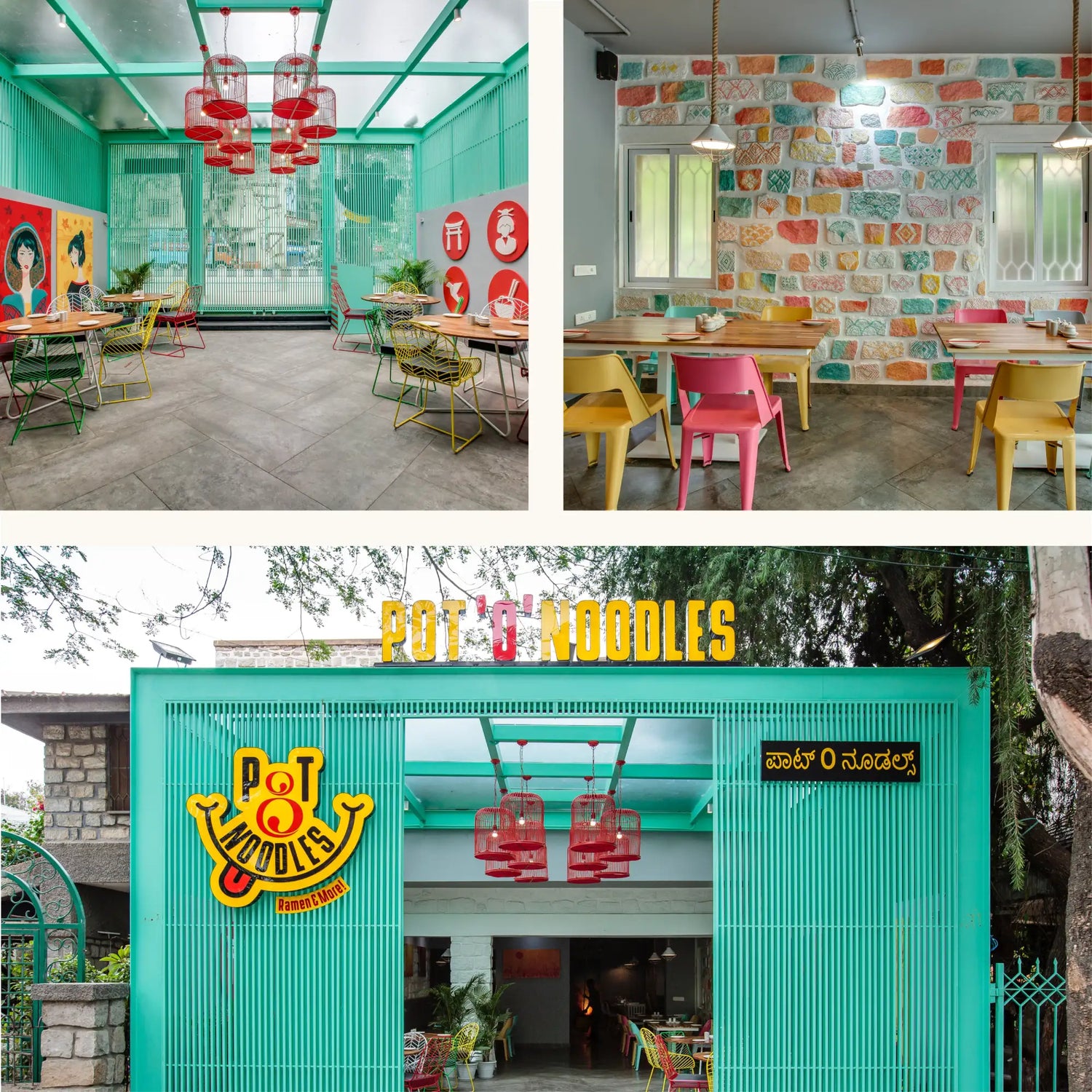 Teal metal gate with yellow and black ’pot noodles’ logo