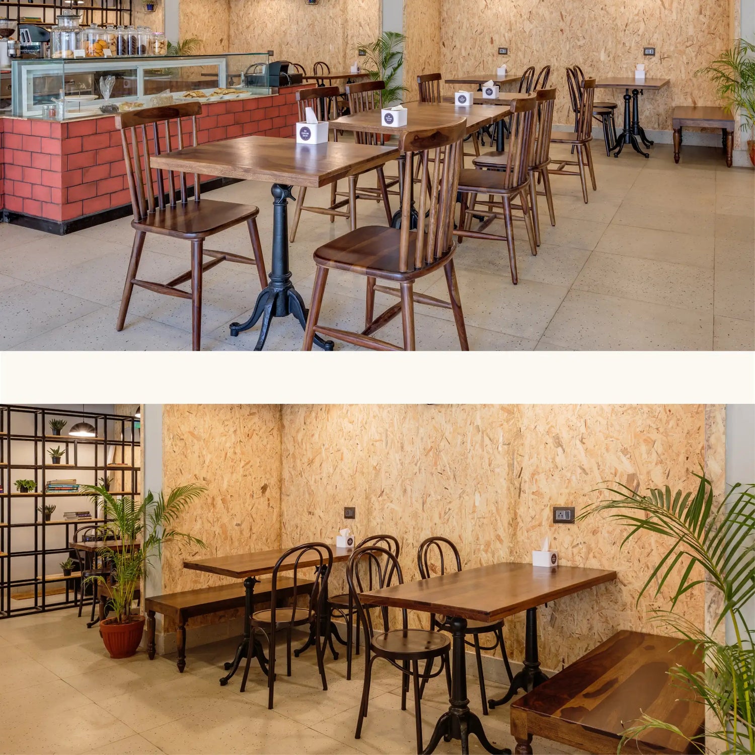 Dark wood tables with black metal legs and matching chairs in a café setting