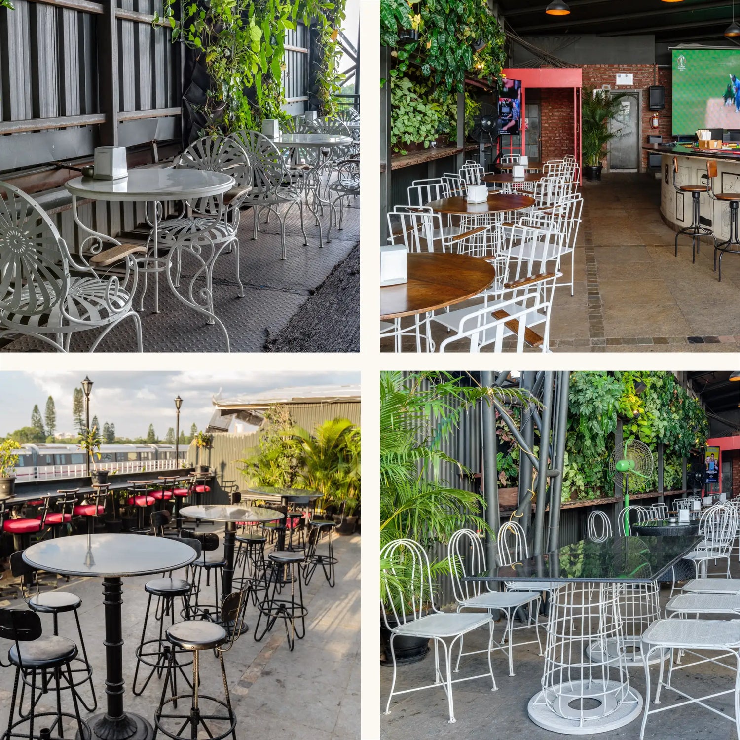 White wrought iron chairs with curved backrests and woven seat cushions