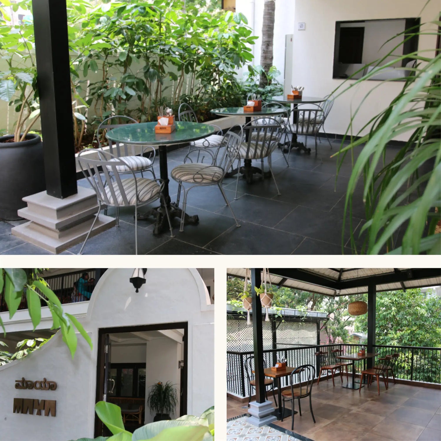 The image displays a collage of three distinct scenes from an outdoor café or restaurant setting, featuring green glass tables with metal frames and striped cushioned chairs arranged on dark tiled floors amidst lush tropical plants.