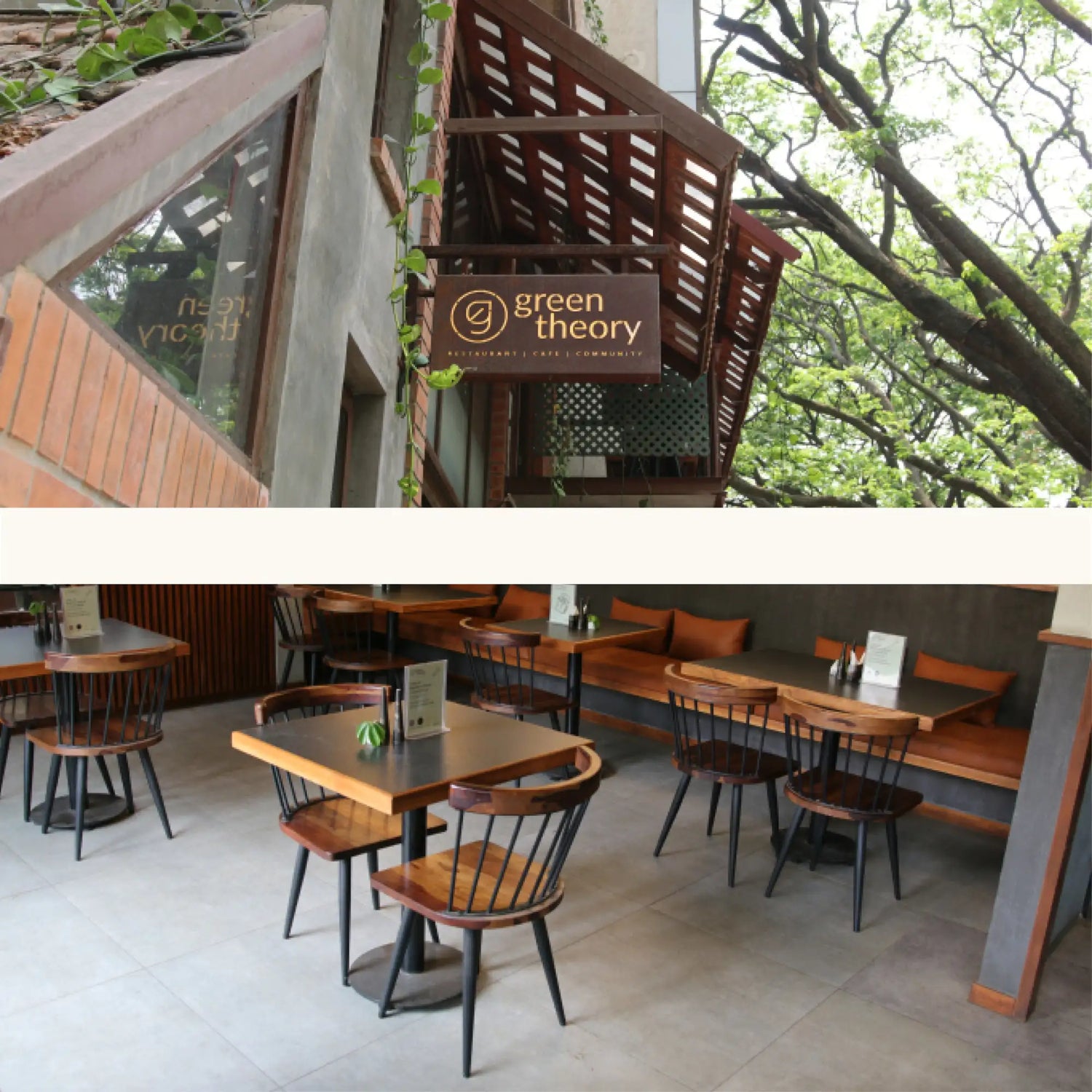 Brown wooden sign with ’green theory’ lettering and a circular logo, hanging from a slatted wood structure.