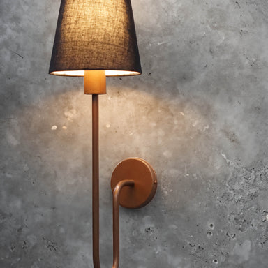 Urban Elegance Wall Lamp with a sleek black lampshade and copper-colored metal arm, mounted on a wall