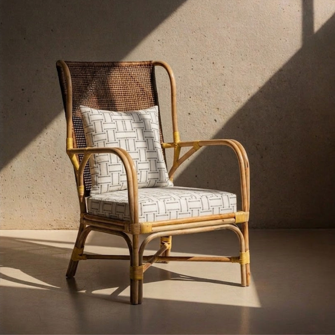 Varo Bamboo High Back Chair - Natural / Upholstery: Cotton polyester; Bamboo, cane / L: 25’’ W: 29’’ H: 44’’; Seat