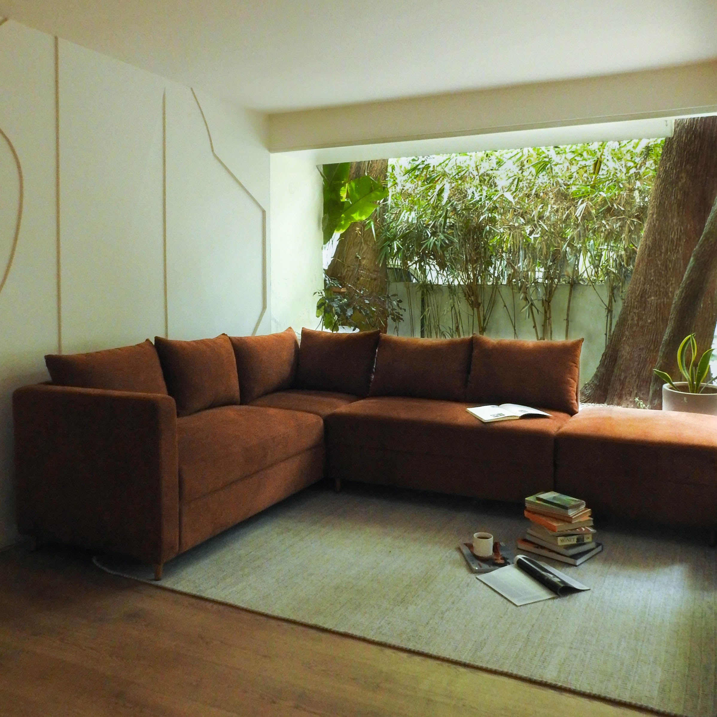 Vero Sectional Sofa - W: 84 ’ D: 109’’ H: 33’’ SH: 17’’ / Brown / Acacia Wood & Upholstered Fabric - Indoor Furniture