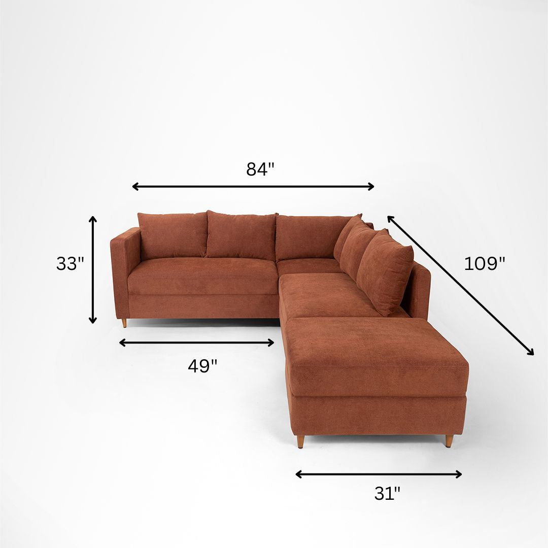 Vero Sectional Sofa - W: 84 ’ D: 109’’ H: 33’’ SH: 17’’ / Brown / Acacia Wood & Upholstered Fabric - Indoor Furniture