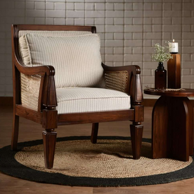 Wallace Cane Armchair - Teak / Teakwood, cane, fabric / L: 28’’ W: 28’’ H: 35’’; Seat Height: 18’’ - Furniture