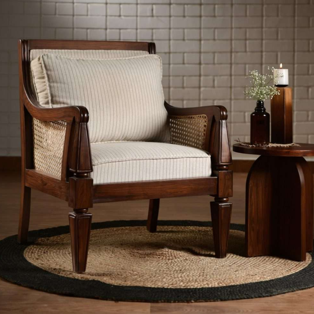 Wallace Cane Armchair - Teak / Teakwood, cane, fabric / L: 28’’ W: 28’’ H: 35’’; Seat Height: 18’’ - Furniture