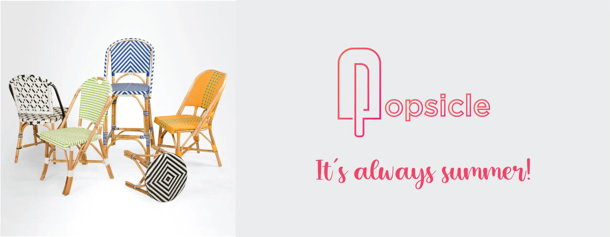 A collection of stylish, woven patio chairs in various vibrant patterns and colors.