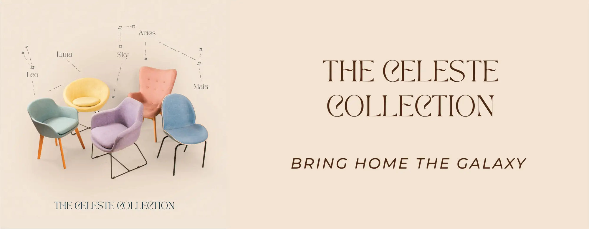 Pastel-colored armchairs with sleek metal frames and wooden legs, part of the celeste collection.