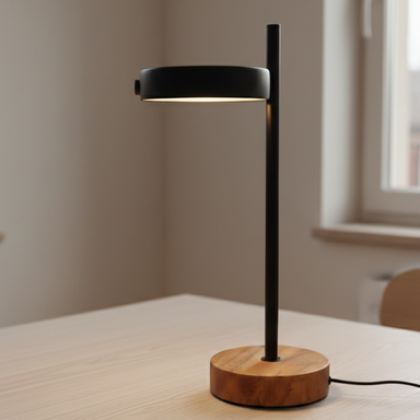 Modern table lamp with wooden base and black adjustable head on a light surface.