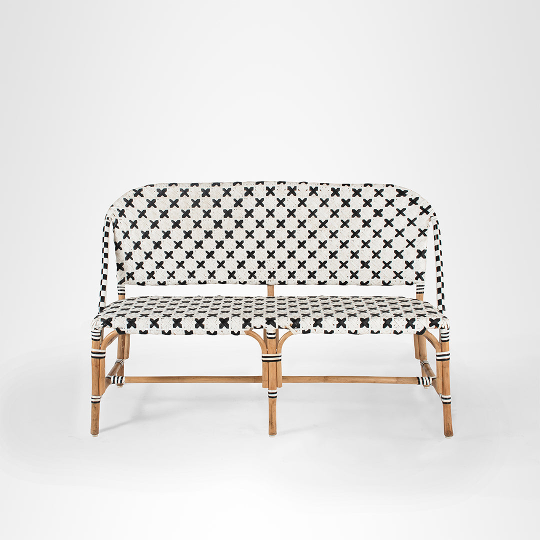 X Popsicle Cane Bench - W: 54’’ D: 23’’ TH: 36’’ SH: 17’’ / Black and White / Cane Frame and PVC Weaving - Outdoor