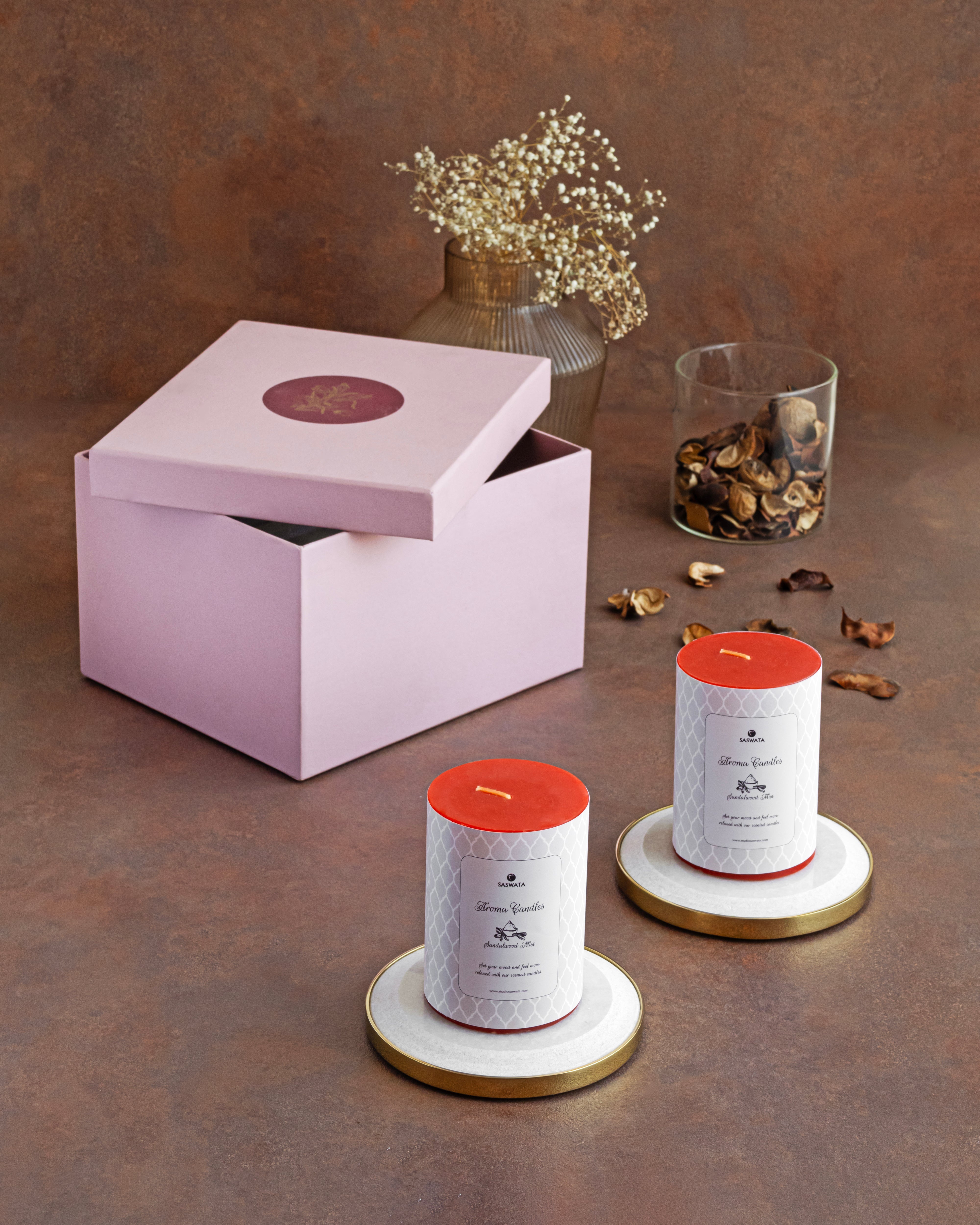 Yang Candles Plates + Aroma Candles _ Gift Box - White and Brass Gold / Stainless Steel, Marble and wax - Decor
