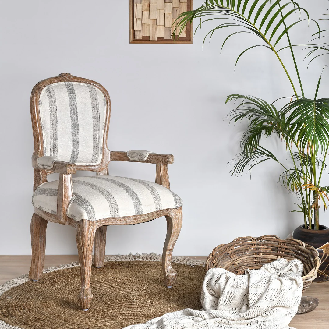Zhemgang Teak Wood Armchair - Distressed White / Teakwood, 100% cotton fabric / L: 21.5’’ W: 21’’ H: 39’’; Seat Height: