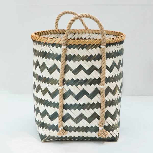 Zigzag Bamboo Handcrafted Storage Basket with Handle - Natural / Bamboo - Decor
