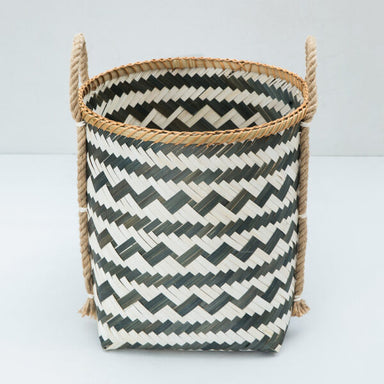 Zigzag Bamboo Handcrafted Storage Basket with Handle - Natural / Bamboo - Decor