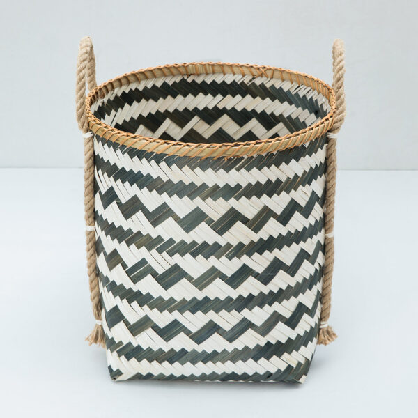 Zigzag Bamboo Handcrafted Storage Basket with Handle - Natural / Bamboo - Decor