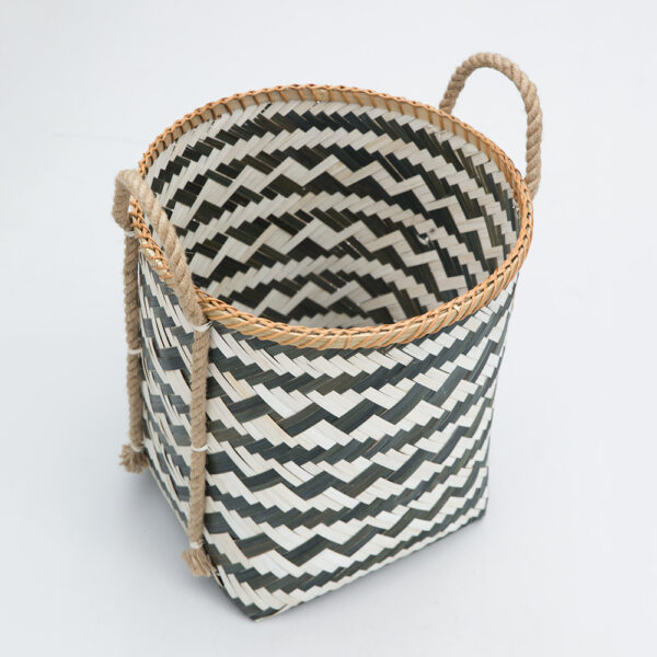 Zigzag Bamboo Handcrafted Storage Basket with Handle - Natural / Bamboo - Decor