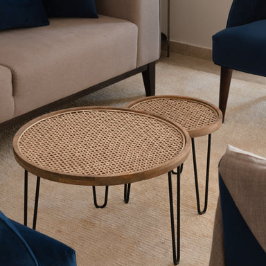 Set of 2 Side tables with Rattan work,