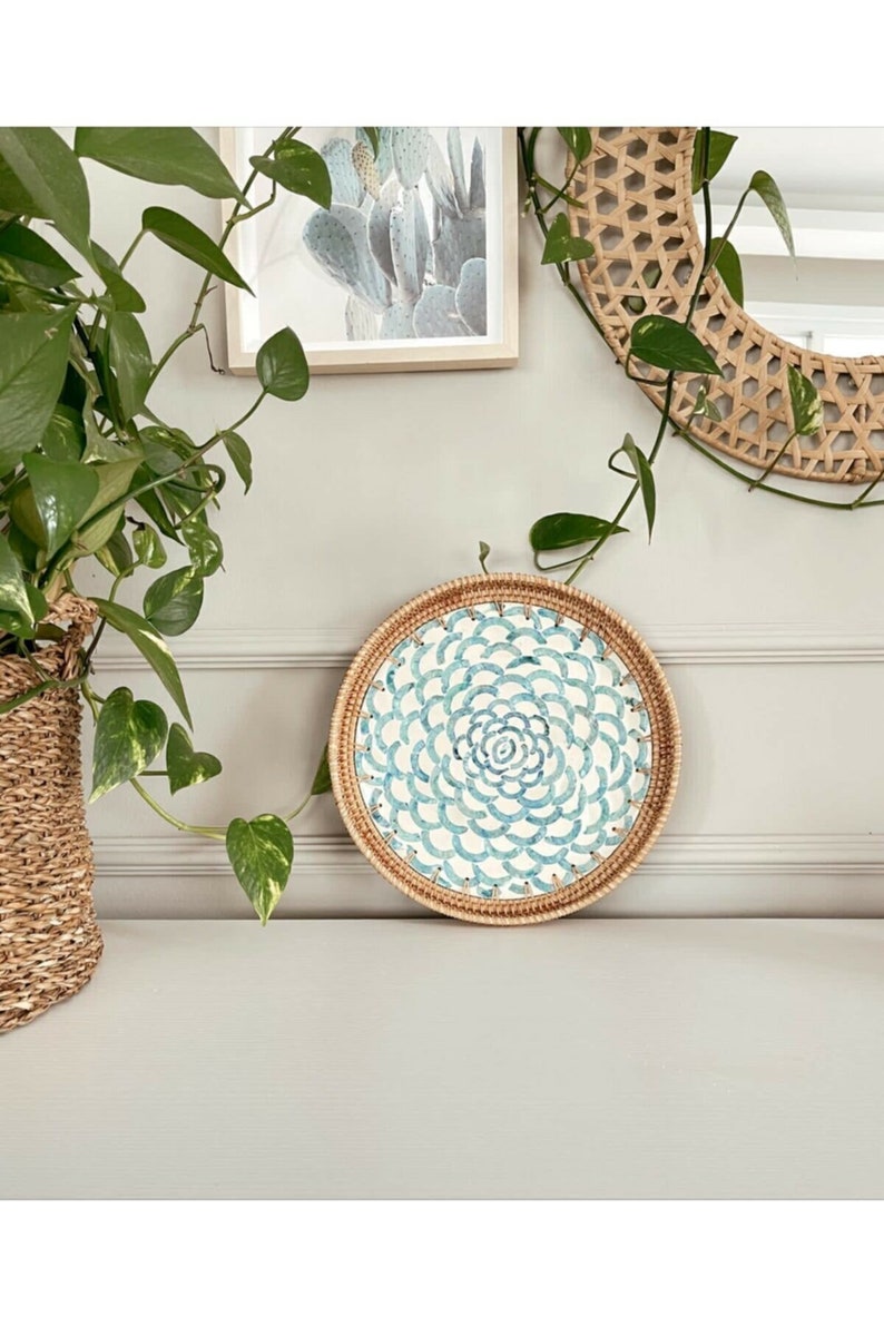 Abstract Designer Mother of Pearl Rattan Round Tray