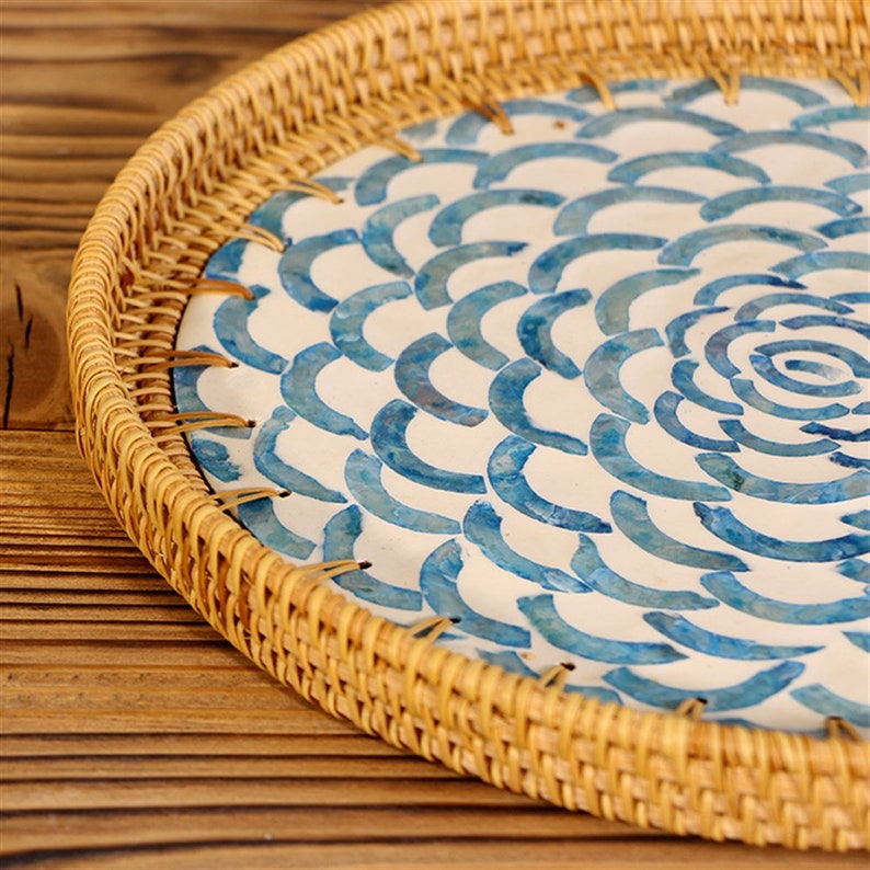 Abstract Designer Mother of Pearl Rattan Round Tray