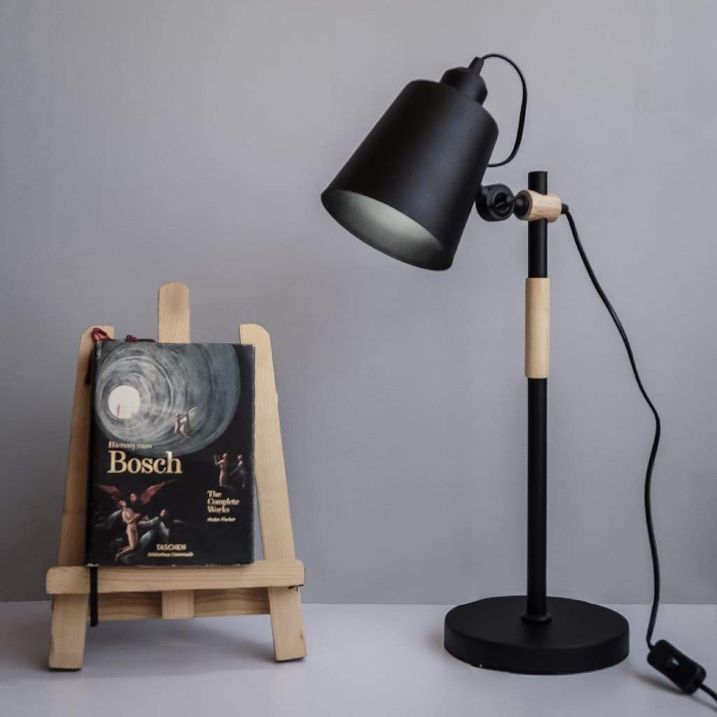 Black Scandinavian Metal And Wood Table Lamp