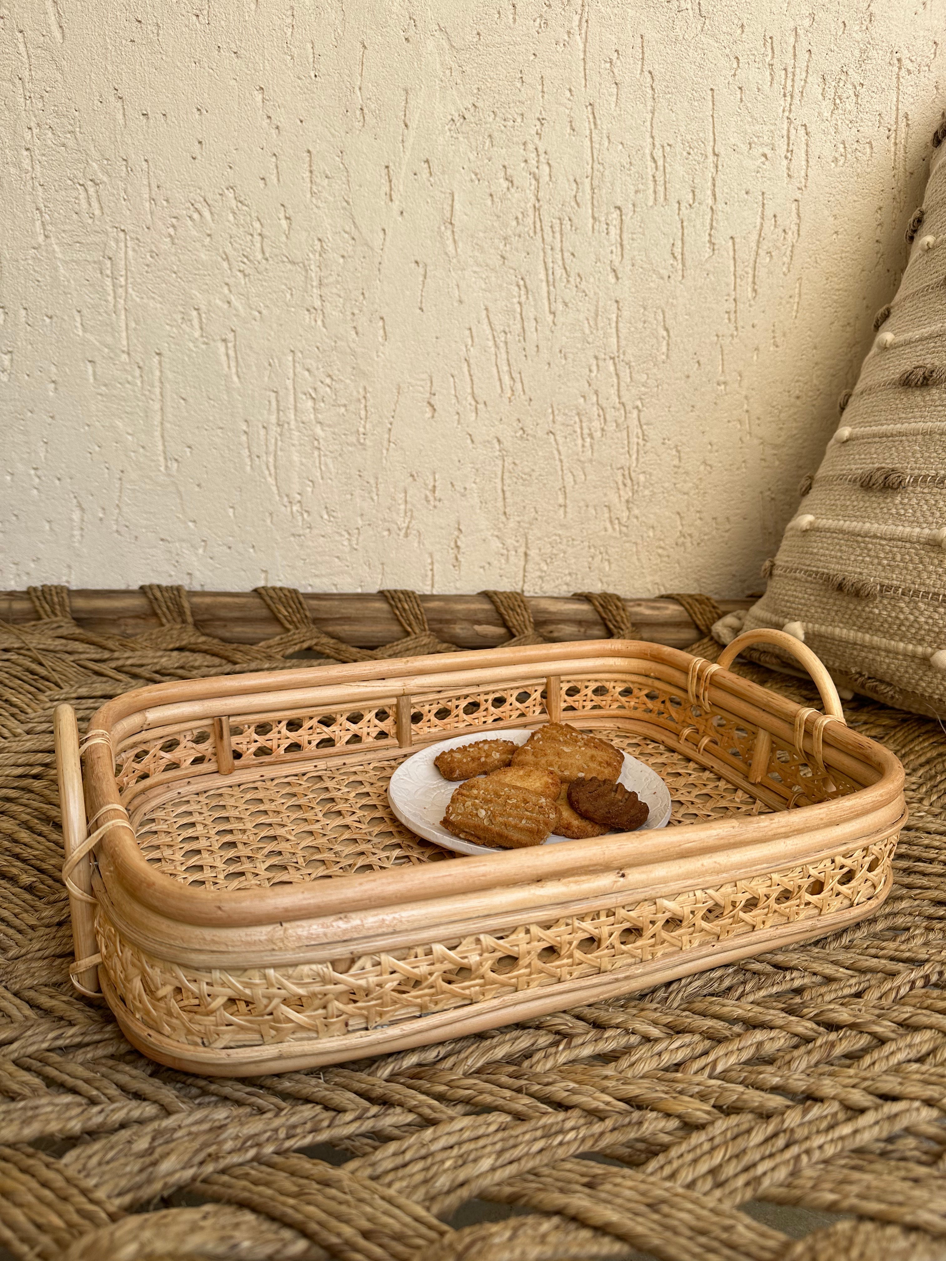 Designer Rattan Cut Work Tray With Handle - Main Image