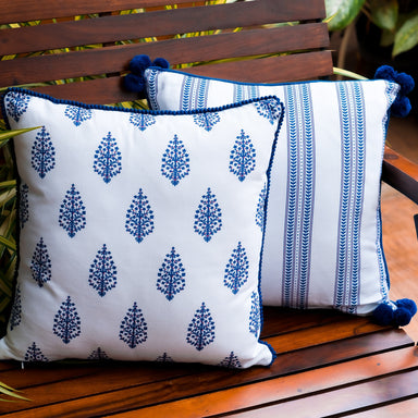 Set Of 2 White And Blue Cushion Covers