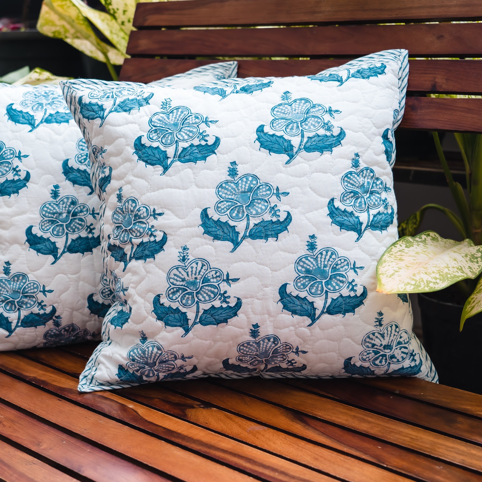 True Blue Love Quilted Hand Block Print Cushion Cover