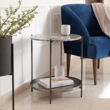 River Grey Side Table, Marble & Metal Tray - Fleck