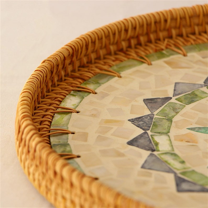 Leafy Designer Mother of Pearl Rattan Round Tray
