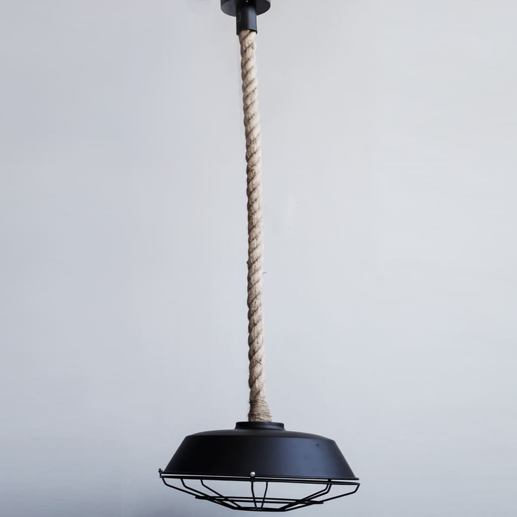 Flh108 Rope-Mounted 14 Inch Matte Black Cage Ceiling Light